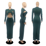 Sexy Solid Long Sleeve Hollow Slim Maxi Dress DDF-88122
