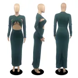 Sexy Solid Long Sleeve Hollow Slim Maxi Dress DDF-88122