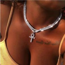 Double Layer Shiny Rhinestone Cross Pendant Necklace Choker BYCF-2224
