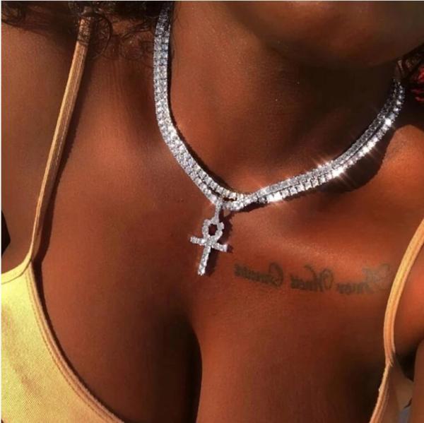 Double Layer Shiny Rhinestone Cross Pendant Necklace Choker BYCF-2224