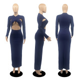 Sexy Solid Long Sleeve Hollow Slim Maxi Dress DDF-88122
