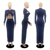 Sexy Solid Long Sleeve Hollow Slim Maxi Dress DDF-88122