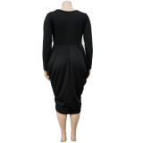 Plus Size Solid V Neck Folds Long Sleeve Midi Dress NNWF-7300