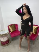 Sexy Solid Lace-Up Long Sleeve 2 Piece Shorts Set JRF-3650