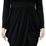Plus Size Solid V Neck Folds Long Sleeve Midi Dress NNWF-7300