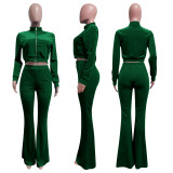 Solid Velvet Zipper Long Sleeve Top Flare Pants 2 Piece Suits NIK-263