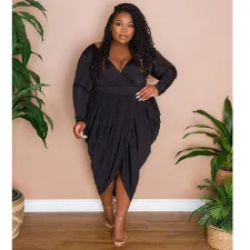 Plus Size Solid V Neck Folds Long Sleeve Midi Dress NNWF-7300