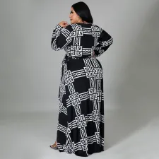 Plus Size Printed V Neck Long Sleeve Maxi Dress NNWF-7310