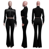 Solid Velvet Zipper Long Sleeve Top Flare Pants 2 Piece Suits NIK-263