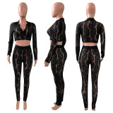 Sexy Lace Long Sleeve Hollow Out 2 Piece Pants Set NIK-261