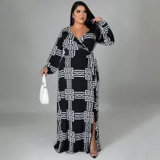 Plus Size Printed V Neck Long Sleeve Maxi Dress NNWF-7310