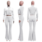 Solid Velvet Zipper Long Sleeve Top Flare Pants 2 Piece Suits NIK-263