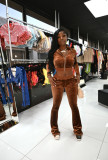 Solid Velvet Zipper Long Sleeve Top Flare Pants 2 Piece Suits NIK-263