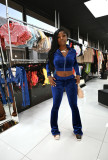 Solid Velvet Zipper Long Sleeve Top Flare Pants 2 Piece Suits NIK-263