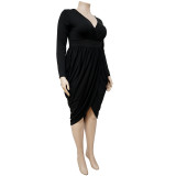 Plus Size Solid V Neck Folds Long Sleeve Midi Dress NNWF-7300