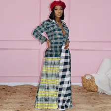 Plus Size Striped Full Sleeve Buttons Long Shirt Dress GLF-10032