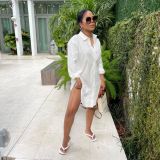 White Long Sleeve Split Irregular Shirt Dress HMS-5503