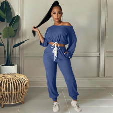 Sexy Solid Drawstring Long Sleeve 2 Piece Pants Set HM-6528