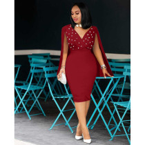 Sexy Pearls V Neck Bodycon Cloak Dress ASL-6507
