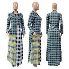 Plus Size Striped Full Sleeve Buttons Long Shirt Dress GLF-10032