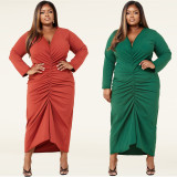 Plus Size Solid Long Sleeve V Neck Ruched Maxi Dress YMEF-5037