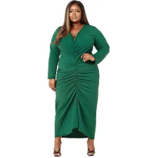 Plus Size Solid Long Sleeve V Neck Ruched Maxi Dress YMEF-5037
