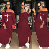 Letter Print Tie-Knotted Sleeve Split Maxi Dress BGN-199