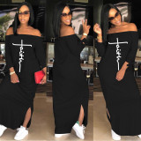 Letter Print Tie-Knotted Sleeve Split Maxi Dress BGN-199