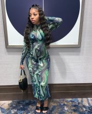 Sexy Mesh Print Long Sleeve Maxi Dress WSM-5277