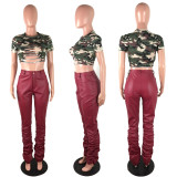 PU Leather Mid-Waist Piles Pants LX-2001