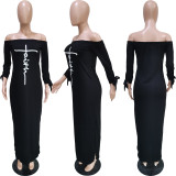 Letter Print Tie-Knotted Sleeve Split Maxi Dress BGN-199