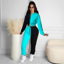 Contrast Color Lace-Up Full Sleeve 2 Piece Pants Set MDF-5259