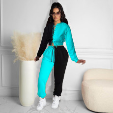 Contrast Color Lace-Up Full Sleeve 2 Piece Pants Set MDF-5259