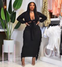 Solid Full Sleeve Tie-Up Top Tassel Long Skirt 2 Piece Sets LP-66313