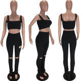 Sexy Solid Vest Top Split Hole Stacked Pants 2 Piece Sets LM-8283