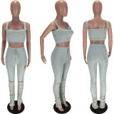 Sexy Solid Vest Top Split Hole Stacked Pants 2 Piece Sets LM-8283