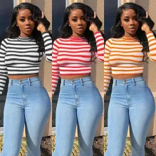 Sexy Striped Long Sleeve Slim Crop Top GLF-10034