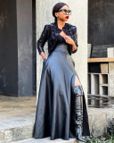 Black PU Leather High Split Maxi Skirt OLYF-6075