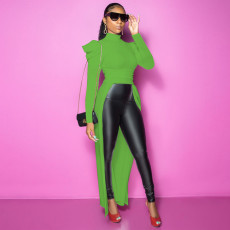Solid Puff Sleeve High Low Irregular Top MEI-9202