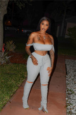 Sexy Solid Vest Top Split Hole Stacked Pants 2 Piece Sets LM-8283