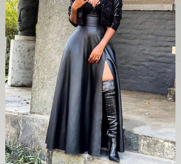 Black PU Leather High Split Maxi Skirt OLYF-6075