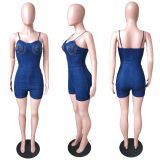 Sexy Denim Hot Drilling Tight Sling Romper LX-6916