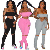 Sexy Solid Vest Top Split Hole Stacked Pants 2 Piece Sets LM-8283