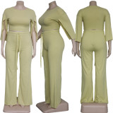 Plus Size Fat MM Solid Split Sleeve Two Piece Pants Set YS-8824