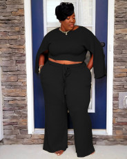 Plus Size Fat MM Solid Split Sleeve Two Piece Pants Set YS-8824