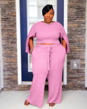 Plus Size Fat MM Solid Split Sleeve Two Piece Pants Set YS-8824