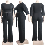 Plus Size Fat MM Solid Split Sleeve Two Piece Pants Set YS-8824