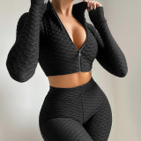 Solid Sports Long Sleeve Zipper 2 Piece Shorts Set SH-390110