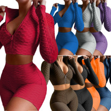 Solid Sports Long Sleeve Zipper 2 Piece Shorts Set SH-390110