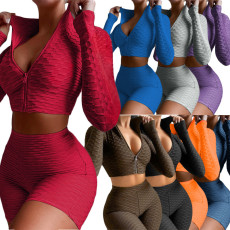 Solid Sports Long Sleeve Zipper 2 Piece Shorts Set SH-390110